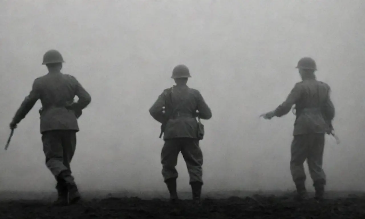 Las cintas se muestren, sombras bailan y soldados alemanes marchan, mientras un humo oscuro se alza contra impresiones blancas y negras
