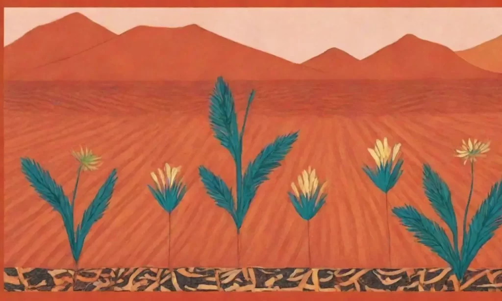 Las telas vibrantes con patrones de especias antiguas bailan en el campo terracota y es bordeado con hojas de palma tejidas