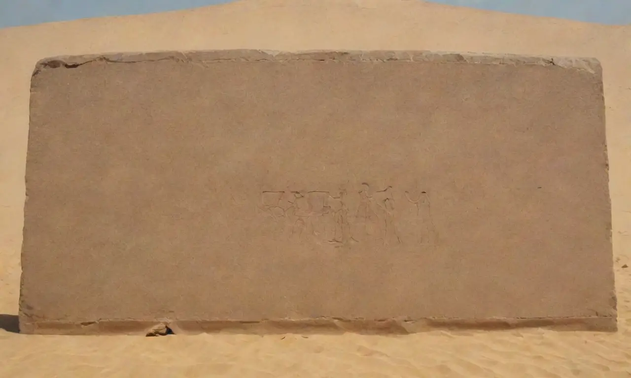 Los piedras de granito se asientan con simetría en la arena de tierra rojiza, mientras que las marcas de los faraones se manifiestan como ecos de humo