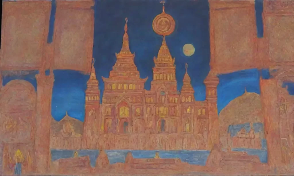 Un templo antiguo se levanta desde el humo de pergaminos mientras dioses brillan en un cielo azul noche